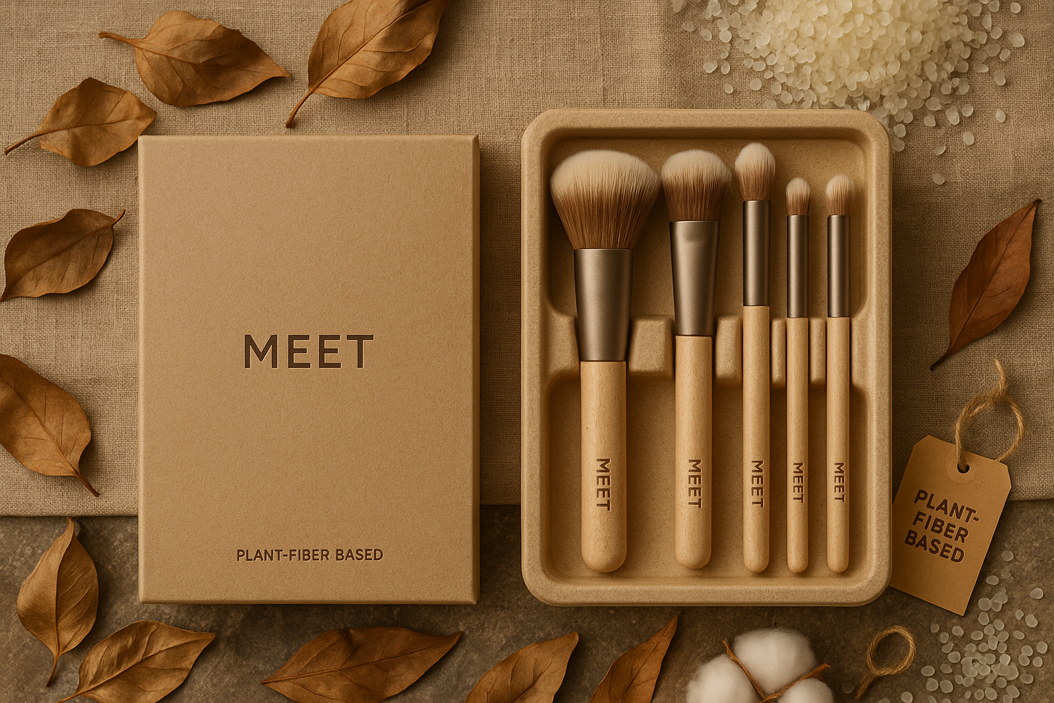 Eco-friendly makeup brush set with plant-fiber handles in molded tray and kraft box by Meet Cosmetics.
