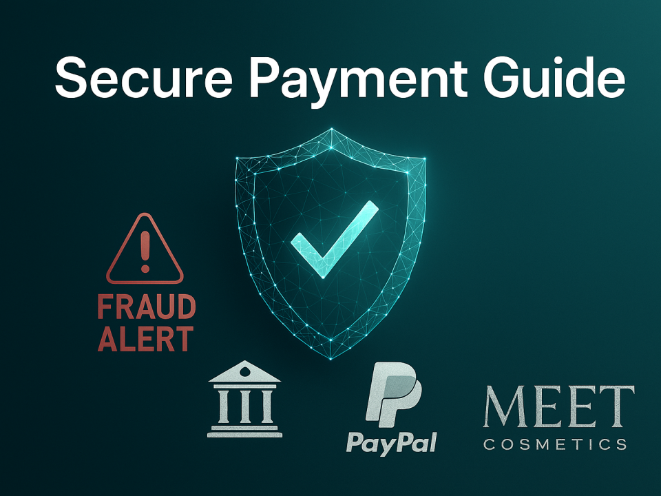 A promotional image titled "Secure Payment Guide." It features a glowing blue security shield with a checkmark, a red "Fraud Alert" icon, and logos for a bank, PayPal, and MEET COSMETICS.